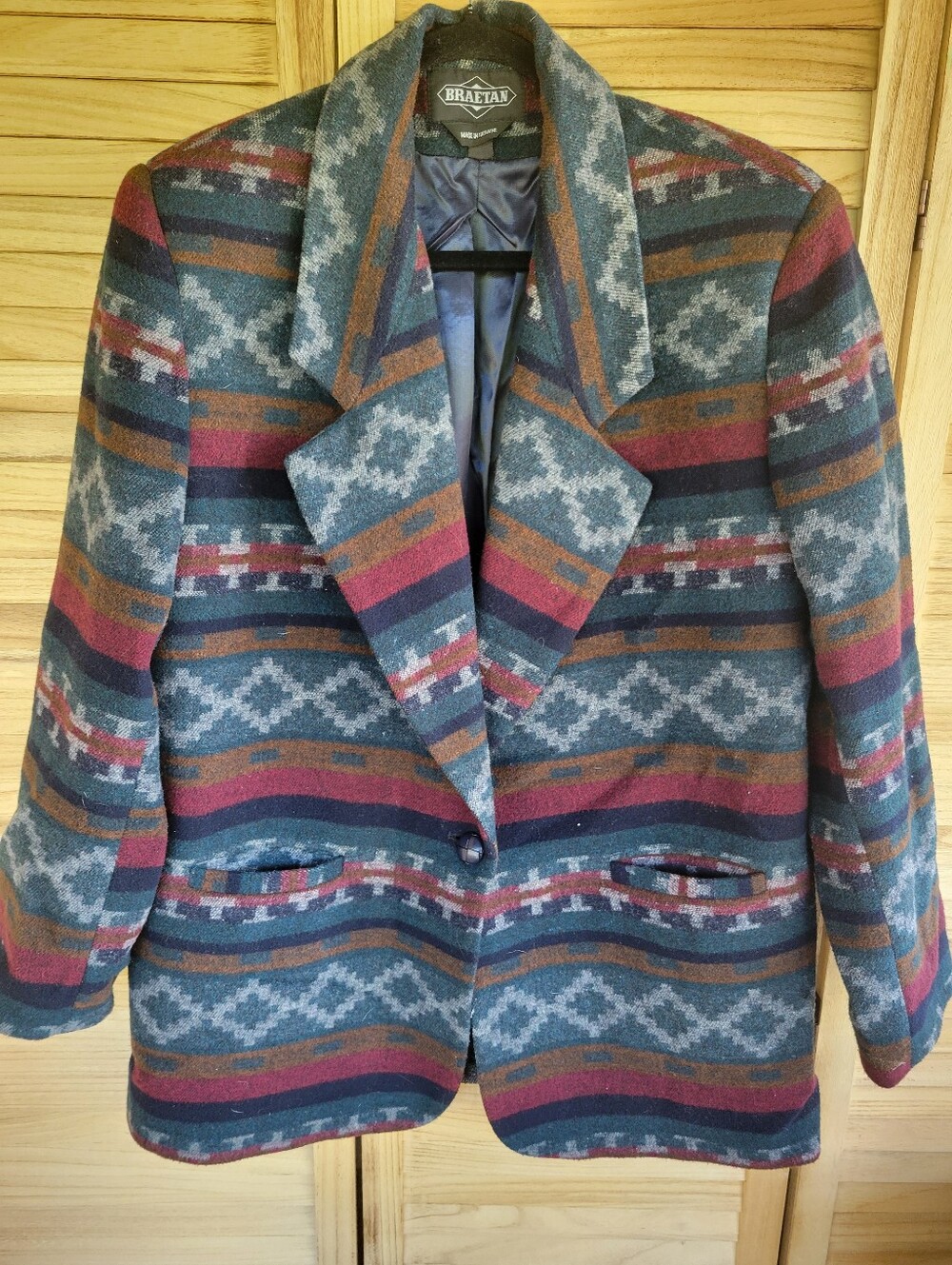 Braetan Womens Blazer Jacket XL Southwest Aztec Wool Blend Pockets Vintage